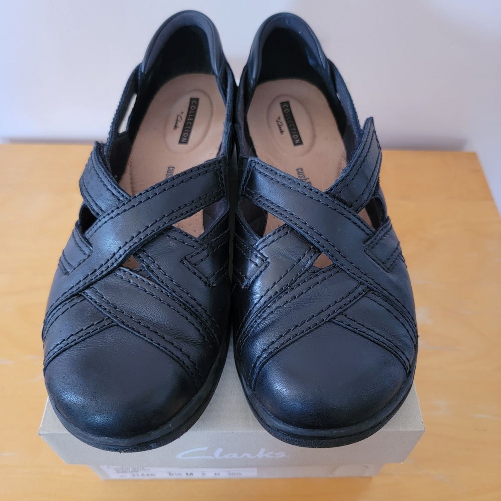 Clarks Black Leather Strappy Wedge
